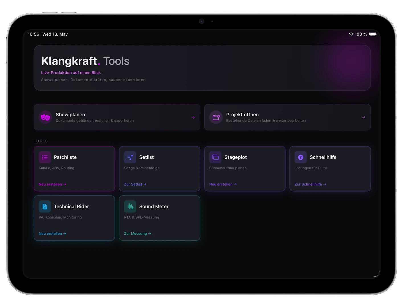 Klangkraft Tools Light auf dem iPad